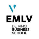 Logo EMLV De Vinci Business School, école de commerce, typographie noire, sigle turquoise.