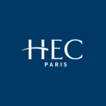 Logo HEC Paris blanc sur fond bleu marine, initiales serif élégantes.