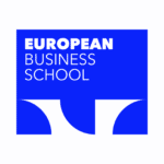 Logo EBS bleu cobalt carré avec texte European Business School et découpes semi-circulaires blanches.
