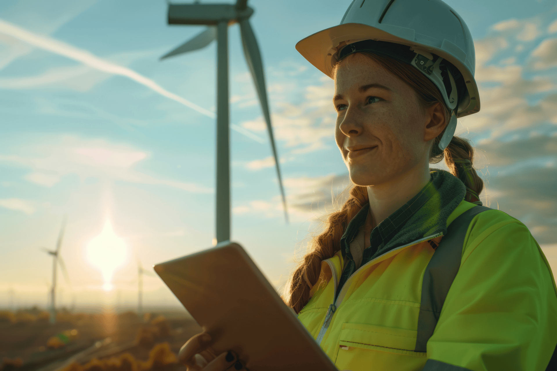 Femme devant une éolienne pour illustrer le programme Génie Civil