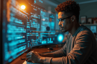 Homme derrière un ordinateur pour illustrer le programme Informatique et cyber