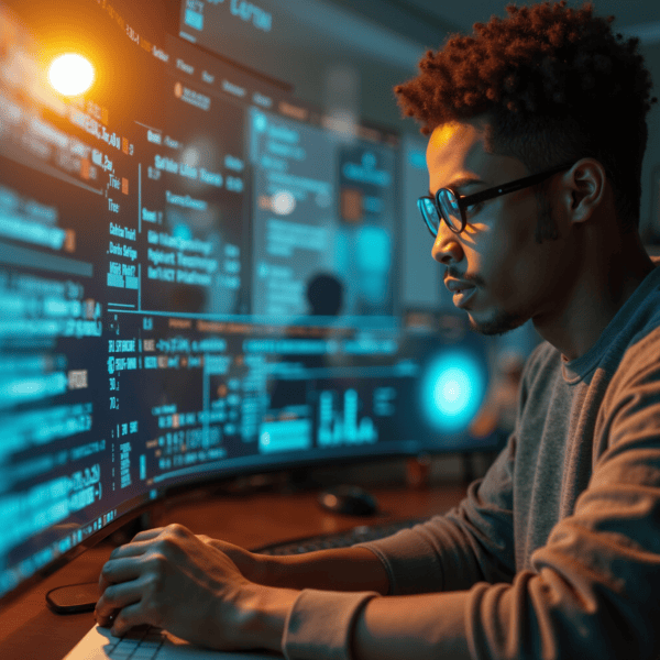 Homme derrière un ordinateur pour illustrer le programme Informatique et cyber