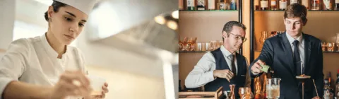Chef en cuisine et barman au bar préparant un cocktail, gastronomie et mixologie professionnelles.