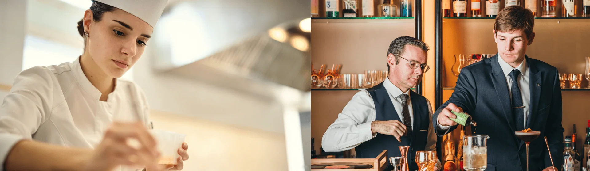 Chef en cuisine et barman au bar préparant un cocktail, gastronomie et mixologie professionnelles.