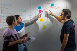 3 personnes autour d'un tableau blanc gérant des post-it
