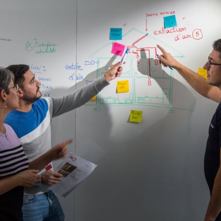 3 personnes autour d'un tableau blanc gérant des post-it