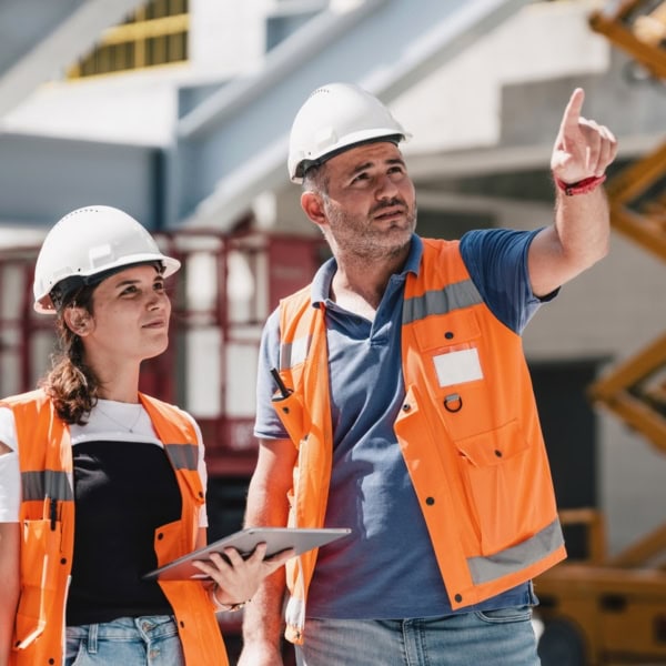 Homme et femme portant casque blanc et chazuve orange sur un chantier