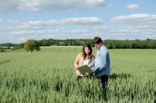 Vue de 2 jeunes étudiants ordinateur dans les mains dans un champ pour illustrer Licence pro MEA