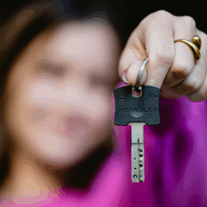 Une jeune femme tient une clé devant son visage.