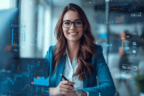 Femme souriante devant des graphiques financiers.
