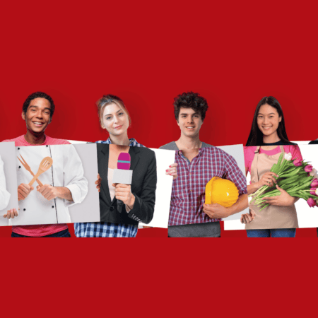 Un groupe de 6 personnes posant avec un fond rouge