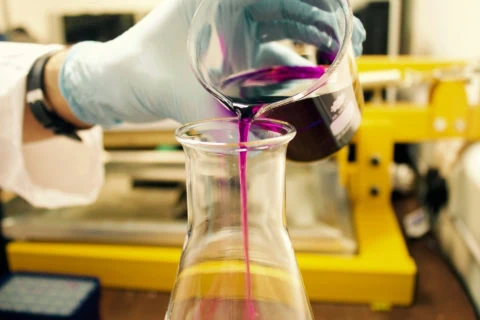 Zoom sur un becher avec un liquide violet illustrant les formations en études internationales