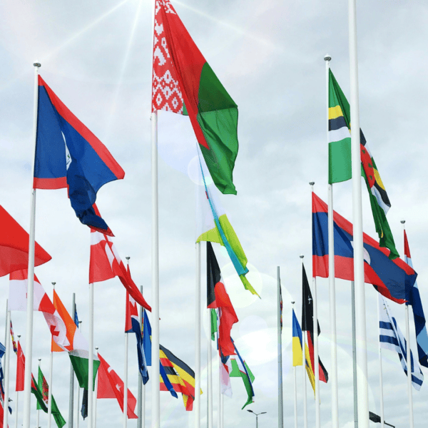Des drapeaux internationaux flottent au vent.