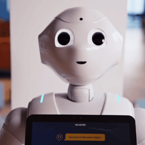 Robot assistant aivancity blanc à écran affichant «Que puis-je faire pour taider ?».
