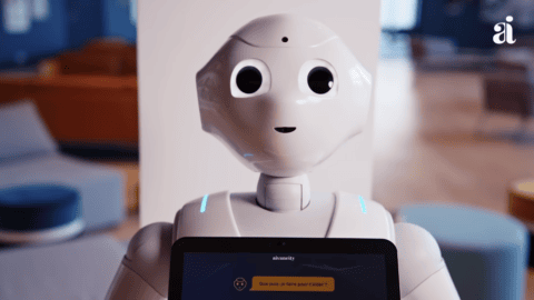 Robot assistant aivancity blanc à écran affichant «Que puis-je faire pour taider ?».
