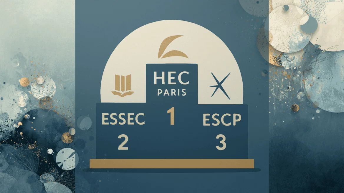 podium élégant présentant HEC Paris, suivie de l’ESSEC et de l’ESCP, illustrant clairement le top 3 des écoles de commerce accessibles via les prépas ECG.