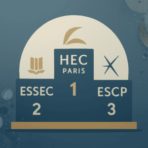 podium élégant présentant HEC Paris, suivie de l’ESSEC et de l’ESCP, illustrant clairement le top 3 des écoles de commerce accessibles via les prépas ECG.