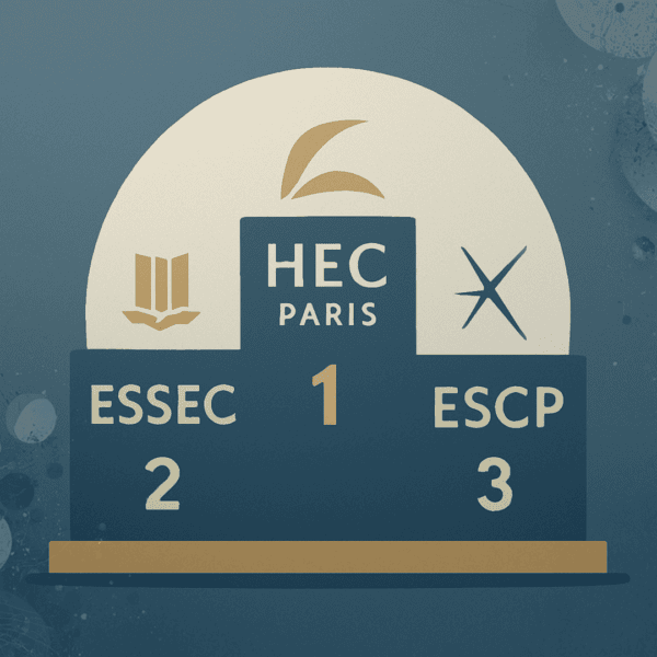 podium élégant présentant HEC Paris, suivie de l’ESSEC et de l’ESCP, illustrant clairement le top 3 des écoles de commerce accessibles via les prépas ECG.