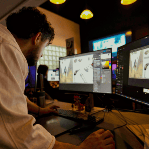 Artiste numérique concentré en studio, concept art de créature insectoïde sur double écran.