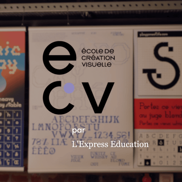 Logo ECV sur affiche typographique exposition décole de création visuelle, sponsor LExpress Education.