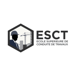 Logo ESCT hexagone silhouette chef de chantier, grue et bâtiments, école supérieure construction.