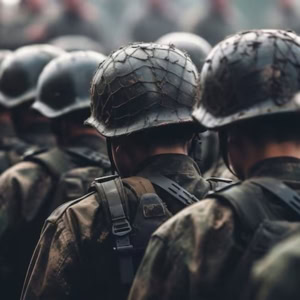 Soldats en formation vus de dos, casques et uniformes camouflage alignés en rangs.