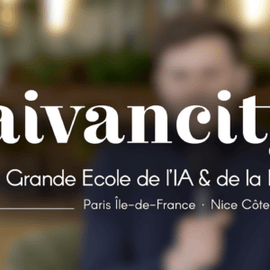 Aivancity : école IA et data, logo blanc sur fond flou chaleureux, Paris et Nice.