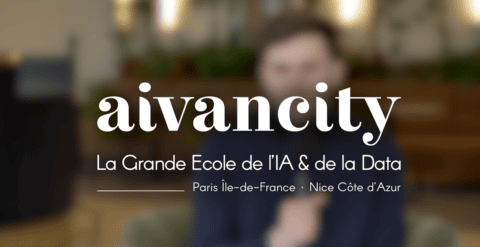 Aivancity : école IA et data, logo blanc sur fond flou chaleureux, Paris et Nice.