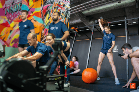 Athlètes en salle de sport, rameur et haltères, entraînement intense et esprit déquipe.
