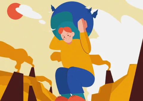 Illustration dun personnage portant la planète sous fumées industrielles, symbole de responsabilité environnementale.