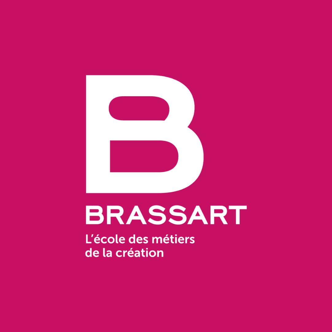 Logo BRASSART : grand B blanc sur fond magenta, école des métiers de la création.