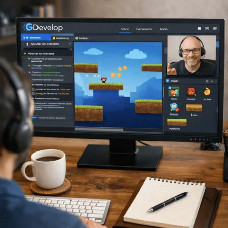 Bureau avec écran GDevelop affichant éditeur de jeu pixel-art en télétravail.