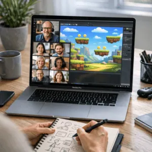Bureau télétravail : MacBook avec visioconférence, croquis et conception de niveaux de jeu 2D.
