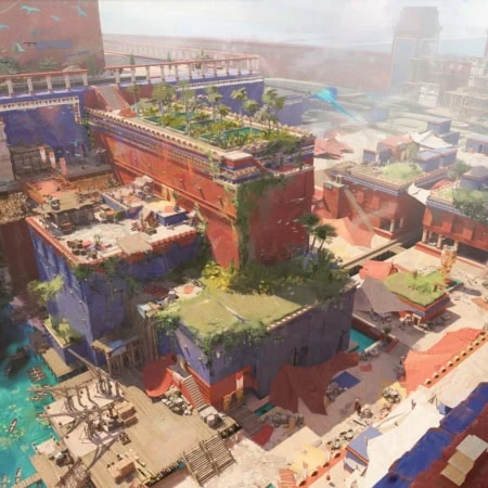 Citadelle portuaire en terrasses, vue aérienne sur marché, docks turquoise, architecture colorée et perroquets.