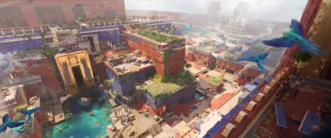 Citadelle portuaire en terrasses, vue aérienne sur marché, docks turquoise, architecture colorée et perroquets.