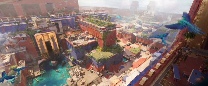 Citadelle portuaire en terrasses, vue aérienne sur marché, docks turquoise, architecture colorée et perroquets.