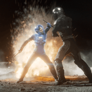 Duel futuriste explosif entre combattants en armure au centre dun champ de bataille lunaire.