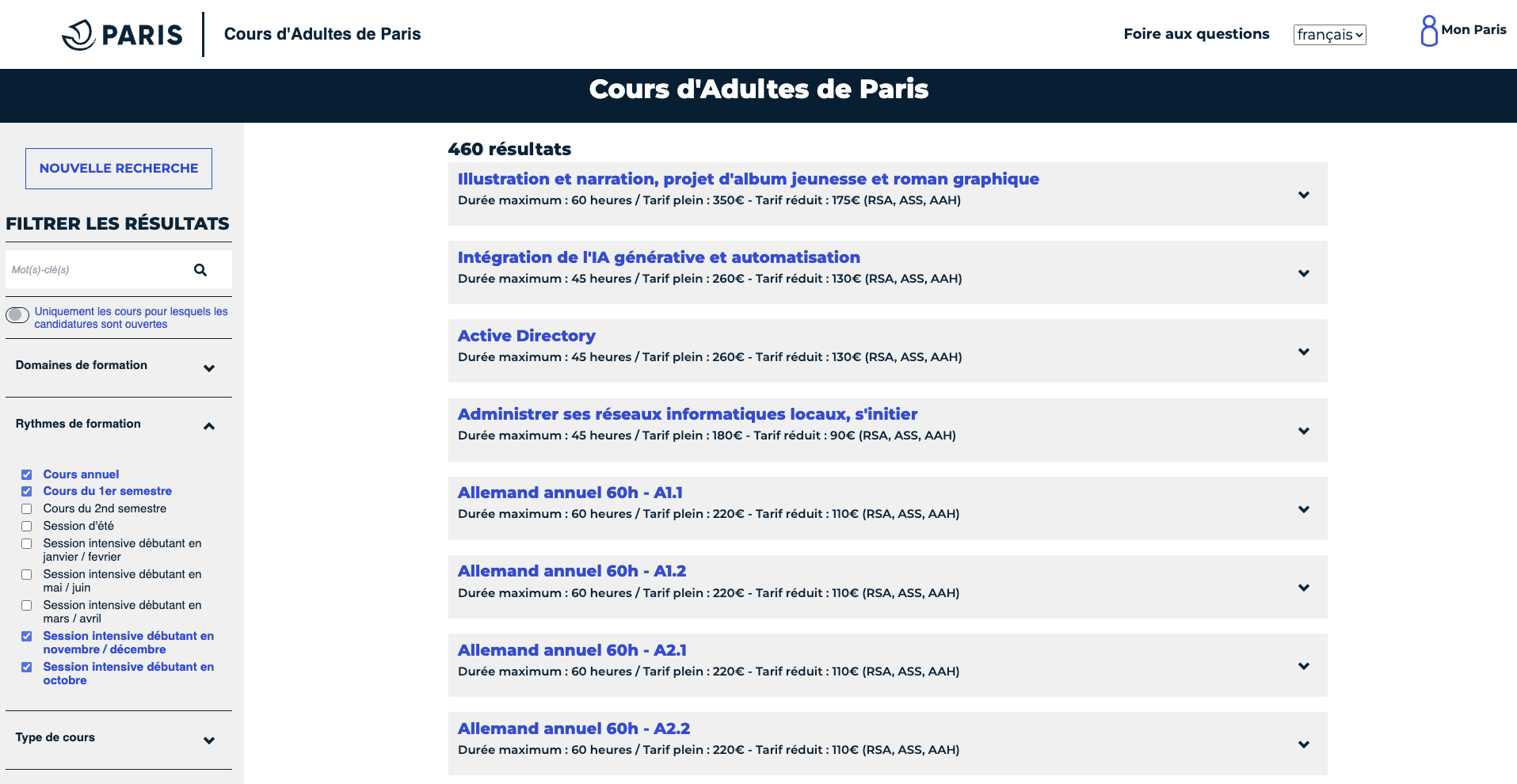 Catalogue des cours dadultes de Paris avec recherche et filtres, 460 résultats.