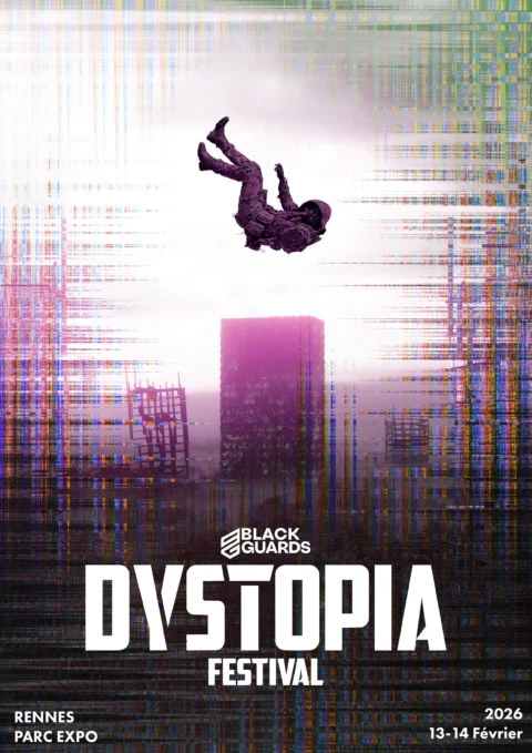 Affiche festival Dystopie 2026 Rennes 13-14 février : astronaute tombant, effet glitch.
