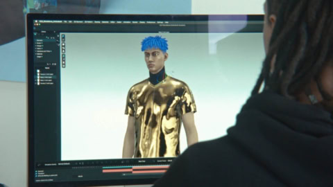 Écran de modélisation 3D montrant avatar aux cheveux bleus et t-shirt or métallique.