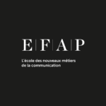 Logo EFAP blanc sur fond noir, école des nouveaux métiers de la communication.