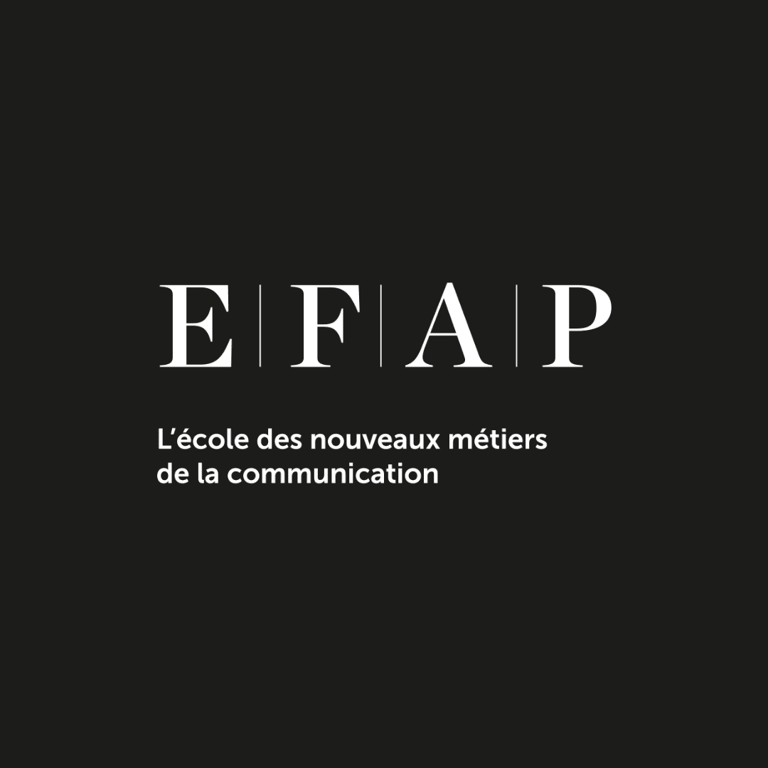 Logo EFAP blanc sur fond noir, école des nouveaux métiers de la communication.