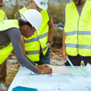 Équipe de chantier examinant des plans sur table, gilets haute visibilité et casques.