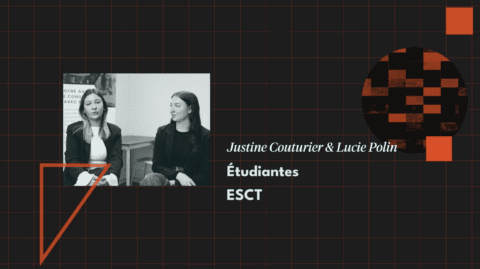 Portrait de deux étudiantes ESCT en conversation, composition graphique orange et cyan.