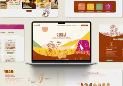 Maquette GERBLÉ : page daccueil, emballages, madeleines sans gluten, identité visuelle.