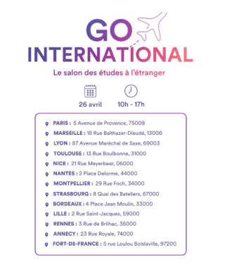 Salon des études à létranger 26 avril, tournée multi-villes France (Paris, Marseille, Lyon).