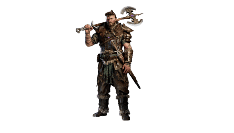 Guerrier vétéran en armure de cuir et fourrure, tenant un double-axe orné.