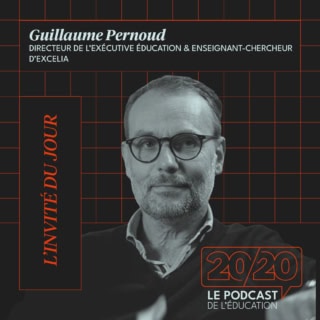 Guillaume Pernoud, portrait pour podcast éducation 20/20, design graphique élégant.