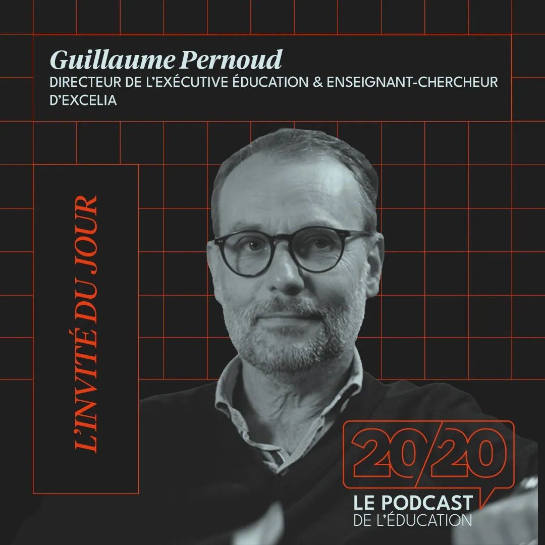 Guillaume Pernoud, portrait pour podcast éducation 20/20, design graphique élégant.