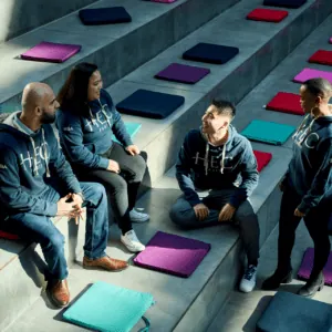 Étudiants HEC Paris en sweat à capuche discutant sur gradins damphithéâtre avec coussins colorés.